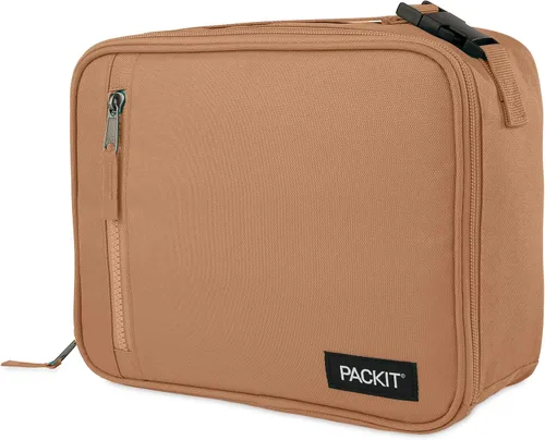 Vista 4 de PackIt (R) Lonchera clásica congelable, almendra, fabricada con tecnología EcoFreeze(R), plegable, reutilizable, cierre de cremallera con bolsillo