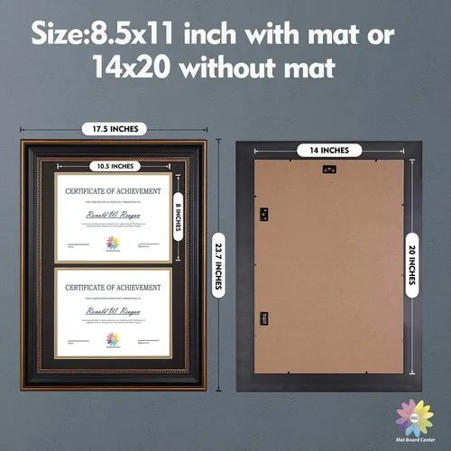 Vista 3 de Marco de certificado de 14 x 20 pulgadas con capacidad para 2 marcos de diploma de 8.5 x 11, vidrio real, oro/negro