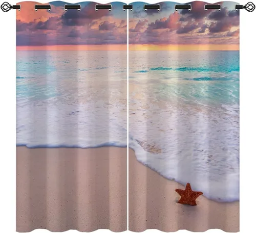 Vista 10 de Cortinas opacas de arena para niñas y niños, decoración del hogar, vacaciones, playa, agua azul, puesta de sol, nubes, ojales, aislamiento térmico
