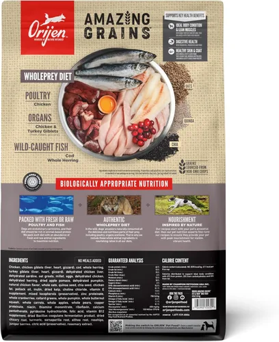 Vista 2 de ORIJEN Amazing Grains Comida seca para perros con alto contenido de proteínas Fit & Trim Recipe Bolsa de 4 libras WHOLEPREY Ingredients, Made in