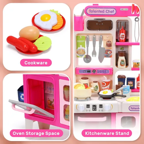 Vista 4 de CUTE STONE Juego de cocina para niños, juego de cocina con sonido y luz, estufa de cocina con vapor, fregadero de juguete, juguete de comida
