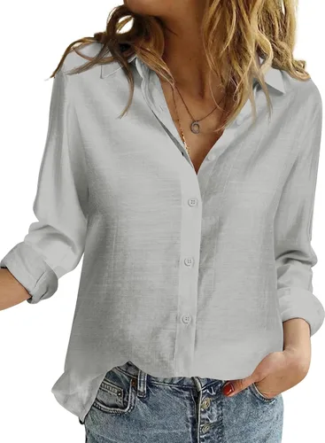 Vista 5 de Camisas de trabajo de lino con botones para mujer, blusas sólidas de manga larga
