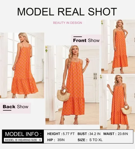 Vista 2 de Dokotoo Vestidos de verano para mujer 2024 con tirantes delgados, cuello redondo, fruncido y volantes, vestido largo bohemio