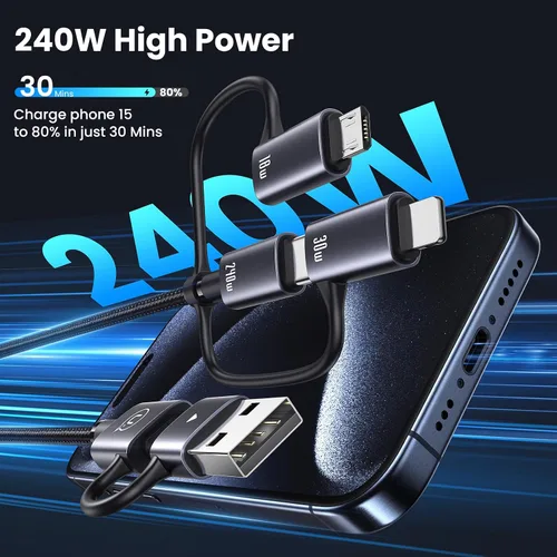 Vista 6 de Cable de carga múltiple de 240 W, cable USB C 6 en 1 de 4 pies, cables de carga rápida con puertos USB-C/A a conectores IP/tipo C/micro