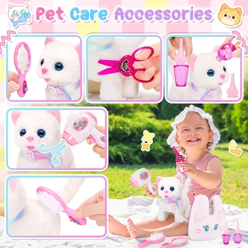 Vista 3 de NINAOR Juguetes interactivos para gatos para niños con bolsas bandolera, peluche de gato con correa para caminar y maullar, juguete de robot gatito