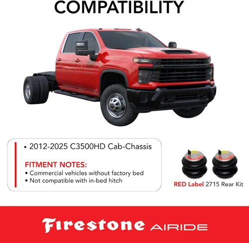 Vista 4 de Firestone Airide 2715 Red Label - Kit de resortes de aire traseros para chasis de cabina C3500HD 2012-2025 5-150 PSI Capacidad de carga de 7,500