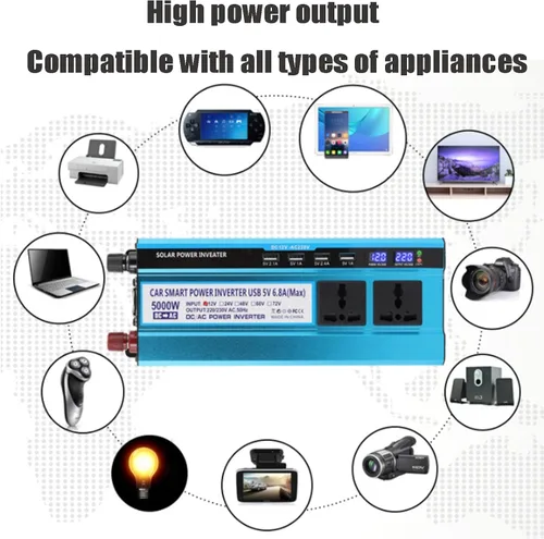 Vista 7 de Inversor de alta potencia de 5000 W DC 12V/24V/48V/60V a 220V/110V Convertidor de inversor 3 AC enchufes universales 4 USB con pantalla LED, 12 V
