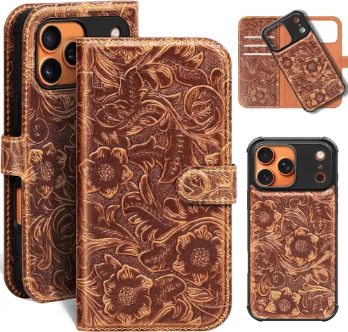 Vista 24 de Funda de cuero compatible con iPhone 16 Pro Max Cartera 6.9", cuero genuino 2 en 1, magnética, desmontable, a prueba de golpes, funda tipo folio