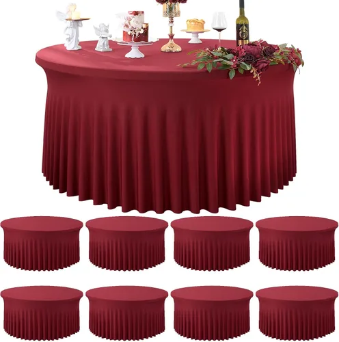 Vista 18 de Paquete de 6 manteles redondos de elastano azul bebé para mesa de 60 pulgadas, manteles elásticos de 120 pulgadas ajustables de 5 pies, manteles