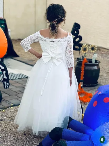 Vista 4 de Flower Girl Dress Long Sleeve Kids Lace Pageant Party Christmas Ball Gown First Communion Dresses