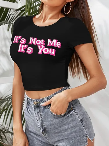 Vista 3 de Hilinker Camiseta corta de manga corta con cuello redondo y estampado de letras para mujer