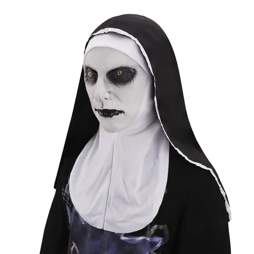 Vista 2 de Starsouce Máscara de monja de látex aterradora con bufanda, disfraz de monja de terror, máscaras de cabeza completa para disfraces de Halloween