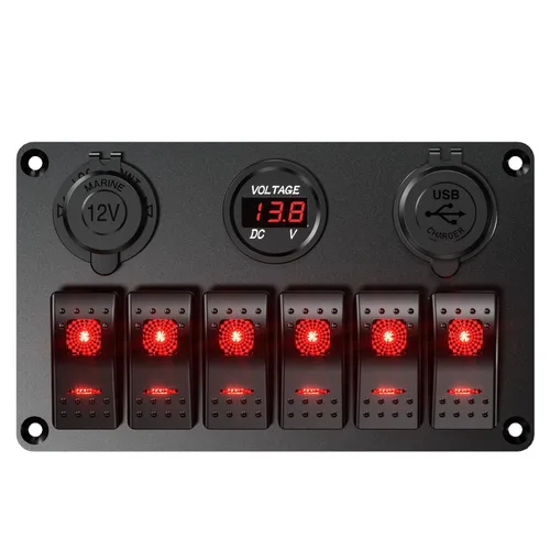 Vista 2 de Interruptor de roker de barco marino impermeable, panel de aluminio de 6 cuadrillas con cargador de coche USB dual DC12-24V 36W y voltímetro digital