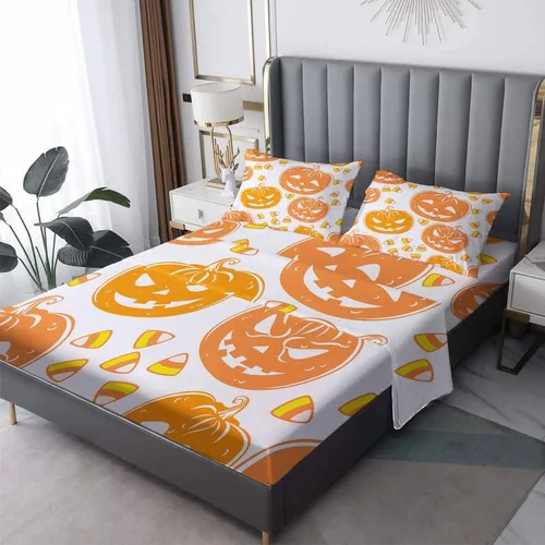 Vista 11 de Juego de sábanas de Halloween para niños y niñas, juego de sábanas espeluznantes de tela de araña, calabaza fantasma, microfibra suave, bolsillo