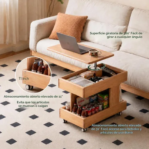 Vista 6 de Mesa de centro pequeña con ruedas, mesa de madera maciza con almacenamiento