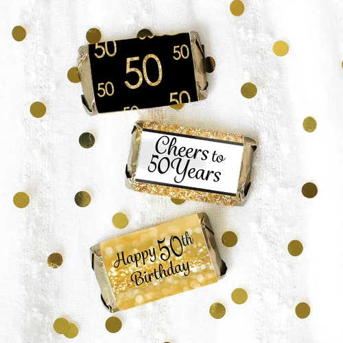 Vista 2 de Mini envoltorios de barra de caramelo para fiesta de cumpleaños número 50, color negro y dorado, 45 calcomanías 2.5" x 1.25" Stickers, Fits