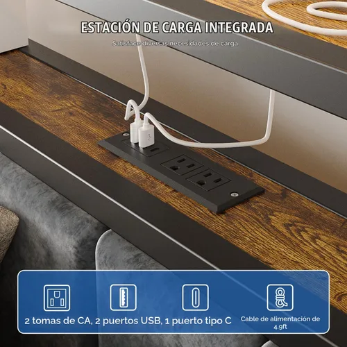 Vista 4 de Liians Base de cama tamaño individual con luces LED, cabecera tapizada gris Platform Bed with 2-Tier Storage Shelf, Charging Station, Noise Free