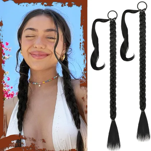 Vista 26 de SOFEIYAN Extensión de cola de caballo trenzada larga con banda elástica y mechón liso envolvente, extensiones de cabello naturales suaves