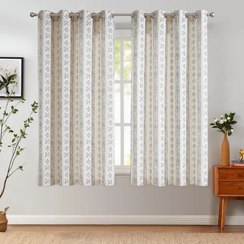 Vista 2 de Vangao - Cortinas boho azul con rayas, cortinas de granja geométricas de mudcloth de lino de 63 pulgadas de largo para sala de estar, tratamientos