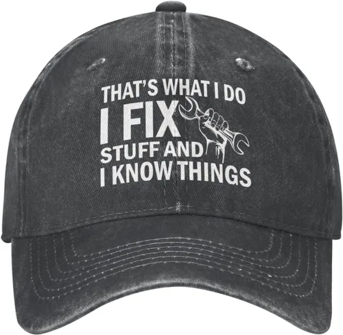 Vista 24 de Sombrero con texto en inglés "I Fix Stuff and I Know Things, para hombre, diseño de cosas geniales