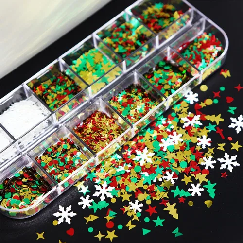 Vista 2 de 12 rejillas para arte de uñas de Navidad, lentejuelas holográficas 3D, copos de nieve láser, estrella, mariposa, invierno, vacaciones, purpurina