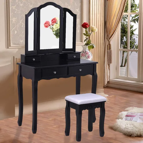 Vista 2 de Casart Tri Espejo Plegable Baño Vanidad Maquillaje Mesa Taburete Set Muebles para el Hogar con 4 Caj