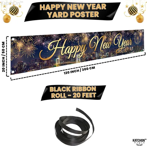 Vista 4 de KatchOn Cartel de Feliz Año Nuevo 2025, extragrande, 120 x 20 pulgadas Suministros para fiestas de Nochevieja 2025, decoraciones nuevas 2025