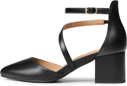 Vista 2 de DREAM PAIRS Zapatos de tacón bajo y grueso para mujer, con correa al tobillo, zapatos elegantes para bodas y negocios