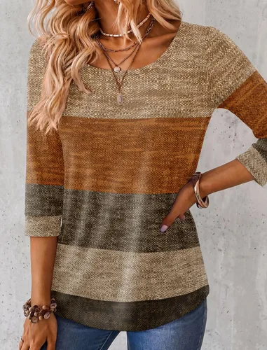 Vista 5 de Ekouaer Camisetas básicas casuales de manga 3/4 para mujer, cuello redondo Rayado Caqui