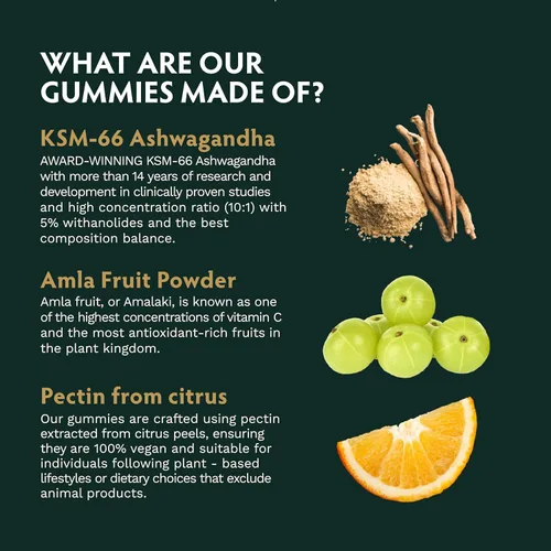 Vista 7 de Ashwagandha KSM-66 - Gomitas para adultos, extracto de raíz orgánica pura, suplemento ayurvédico para hombres y mujeres, apoyo al estado de ánimo