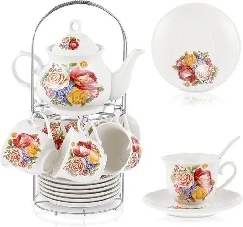 Vista 22 de Zhehao Juego de té de porcelana de 20 piezas con soporte de metal y cuchara para adultos, juego de té de cerámica para adultos, pintura de flores