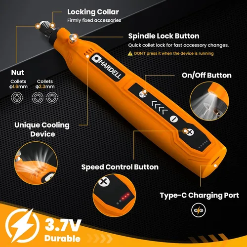 Vista 5 de HARDELL Mini herramienta rotativa inalámbrica y 230 accesorios de herramientas rotativas (naranja)