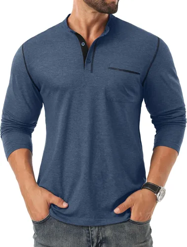 Vista 2 de Sailwind Camisetas Henley para hombre de manga larga con botones, estilo casual, elegante, de algodón, con bolsillo