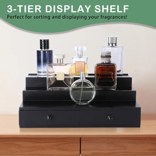 Vista 2 de Organizador de colonia Boulphia para hombre, soporte de colonia de 3 niveles con cajón y compartimento oculto, estante de madera para exhibidor