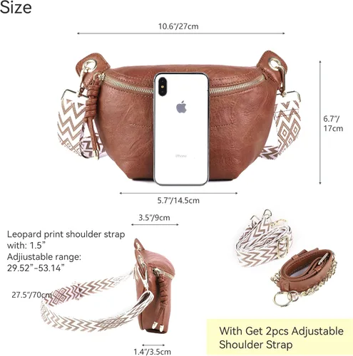 Vista 6 de Riñoneras para mujer, bolsos cruzados de moda, bolsos de pecho, bolso de cinturón con 2 correas ajustables, Marrón, Classic