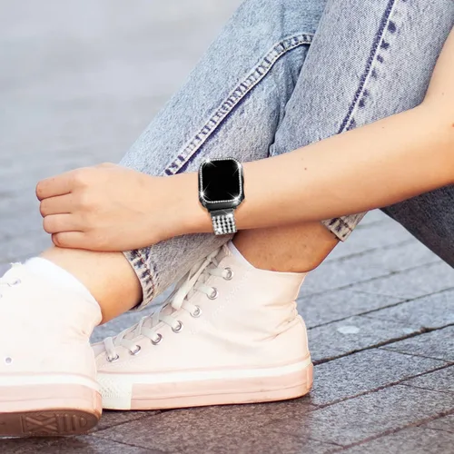 Vista 4 de Correas de repuesto de metal con diamantes de imitación brillantes de circonita cúbica para Apple Watch de 1.496 pulgadas, 1.575 pulgadas, 1.614