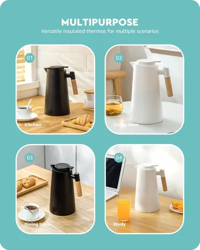 Vista 4 de Baffect Jarra térmica de 34 onzas con forro de vidrio y mango de madera (1 L, negro) Jarra de café aislada para café, té, bebidas calientes