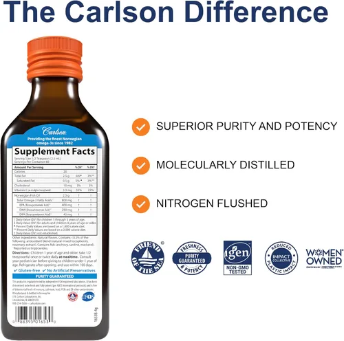 Vista 2 de Carlson - El Mejor Aceite de Pescado para Niños, 800 mg de Omega-3, Noruego, Origen Sostenible, Naranja, 200 mL