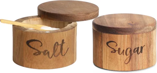 Vista 8 de Cajas de especias de madera de acacia con cubierta giratoria para encimera de cocina, conservador de sal con cuchara integrada, moderno decorador