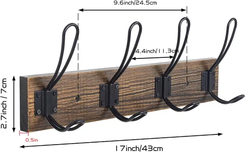 Vista 2 de Gancho rústico de pared con 4 ganchos estilo granja - Perchero de madera de pino maciza para toallas y abrigos para baño, entrada, cocina - Marrón