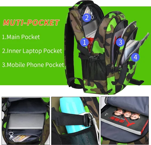 Vista 5 de Juego de mochila de camuflaje con bolsa de almuerzo, ligera, impermeable, mochila escolar para niños y niñas