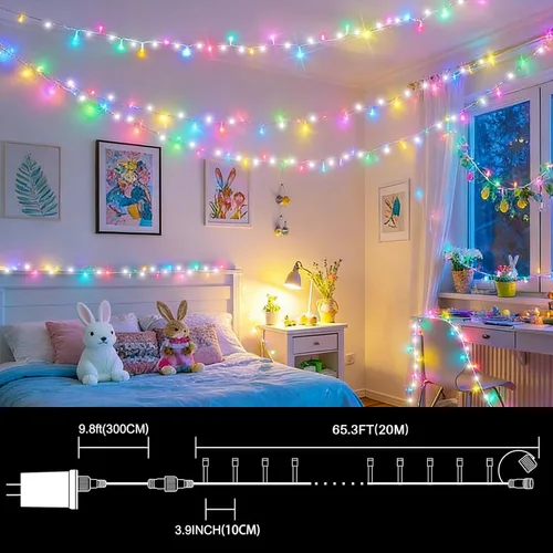 Vista 4 de Guirnalda de 100 luces LED de Pascua de 33 pies enchufables, multicolor pastel, 16 modos de luces parpadeantes, guirnalda de luces impermeables