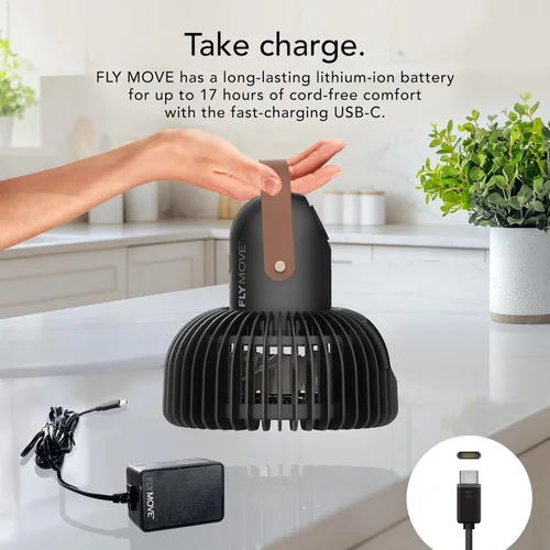 Vista 3 de Vornado FLY MOVE Ventilador recargable de mano, hasta 17 horas de duración de la batería en baja, 3 ajustes de velocidad, huella mínima, pequeño