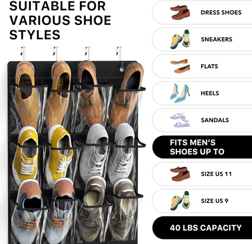 Vista 3 de Simple Houseware - Organizador de zapatos colgante con 24 bolsillos grandes y transparentes para colgar en la puerta, color negro