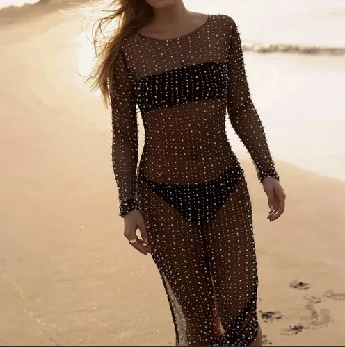 Vista 2 de Willow Dance Vestido de playa de malla transparente con diamantes de imitación y perlas para mujer, traje de baño