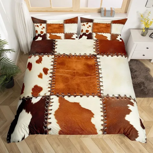 Vista 15 de Funda de edredón con estampado de vaca marrón para niñas y niños, funda de edredón de piel de vaca de las tierras altas, juego de ropa de cama