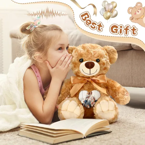 Vista 6 de Silipull Recuerdo oso de peluche de terciopelo rosa de 12 pulgadas con grabador de voz marrón, animal de peluche con marco de fotos, regalo