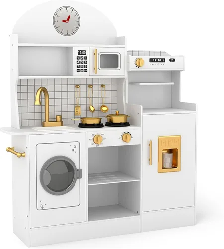 Vista 11 de JOYLDIAS Juego de cocina de madera para niños pequeños con luces y sonidos Marrón