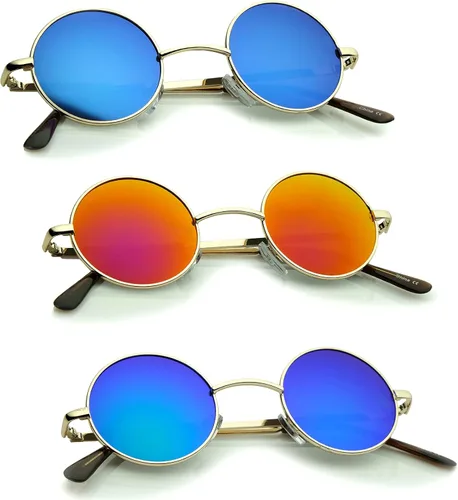 Vista 13 de Gafas de sol redondas de metal de 1.614 in, estilo retro de Lennon. Oro/azul.