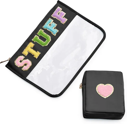 Vista 8 de Bolsa con letras de chenilla para viajes, A-Verde menta, Bolsa de maquillaje transparente a
